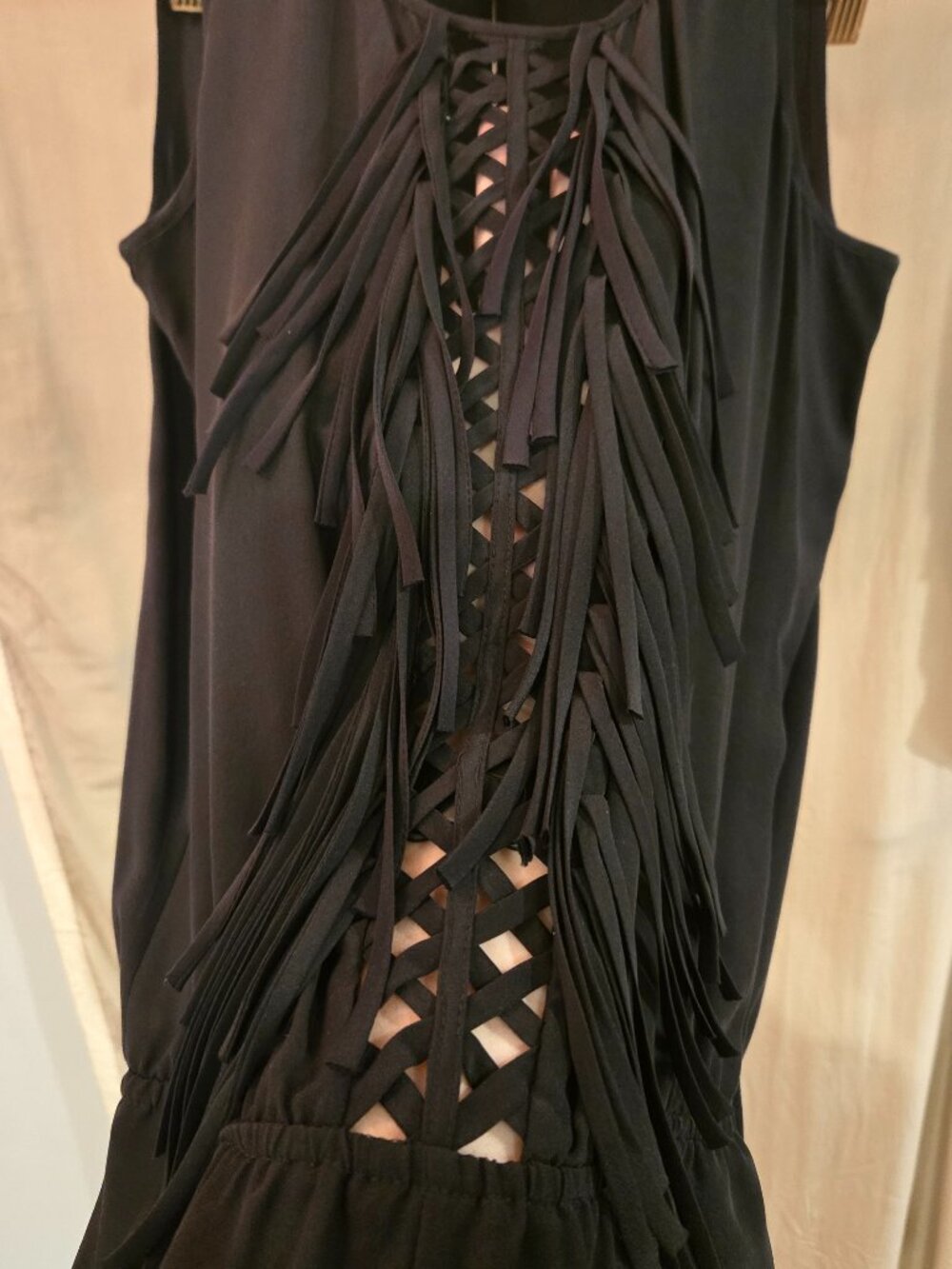 BCBGMAXAZRIA Silk Black Fringe Lattice Romper Back Keyhole Size S Style BID9C039 - Picture 14 of 16